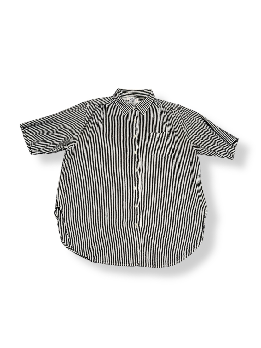 Vintage Mainstreet Blues Black and White Striped Cotton Button-Up Shirt Large